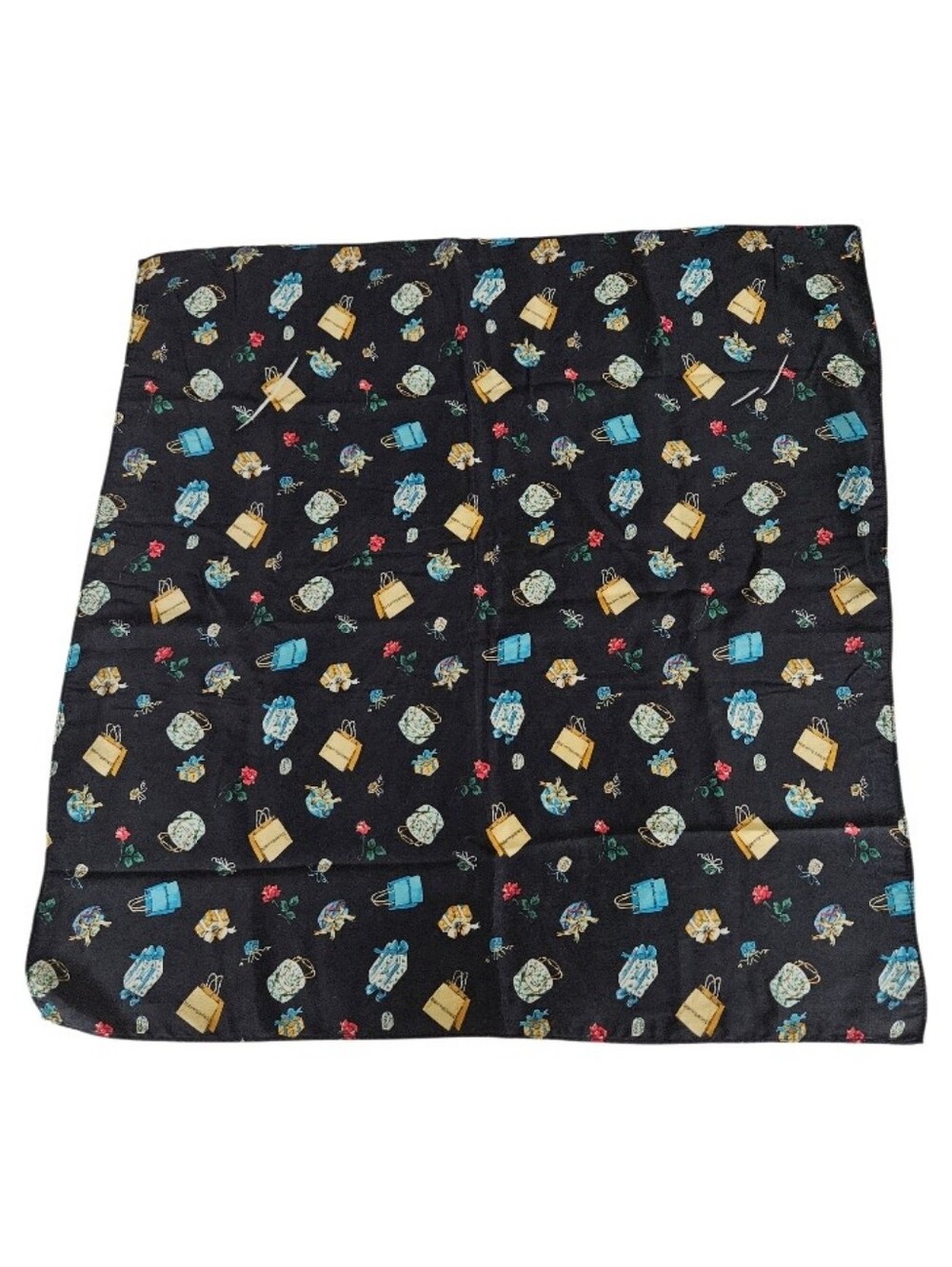 Bloomingdale's Silk Black Printed Silk Scarf with Floral and Bag Motif